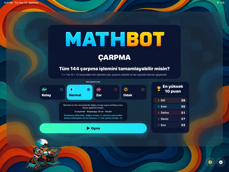 Mathbot — Seviyeni seç: Kolay · Normal · Zor · Odak