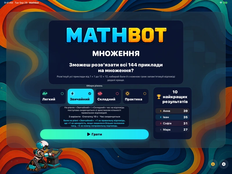 Mathbot — Обери рівень: Легкий · Звичайний · Складний · Практика