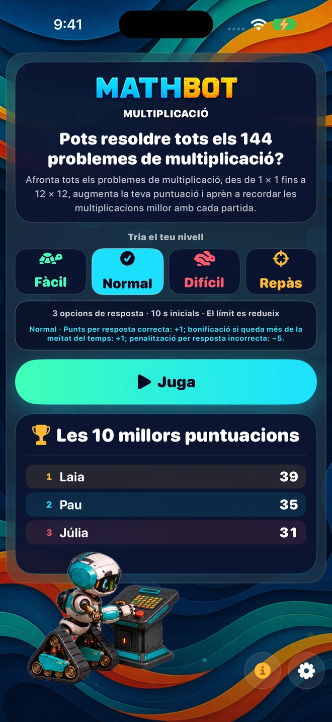 Mathbot — Tria el teu nivell: Fàcil · Normal · Difícil · Repàs