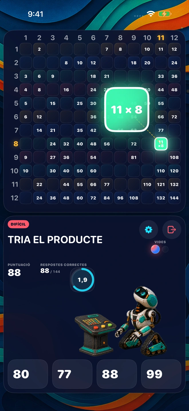 Un problema de multiplicació que sorgeix del tauler amb quatre respostes per triar i el rellotge en marxa