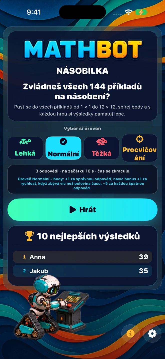 Mathbot — Vyber si úroveň: Lehká · Normální · Těžká · Procvičování