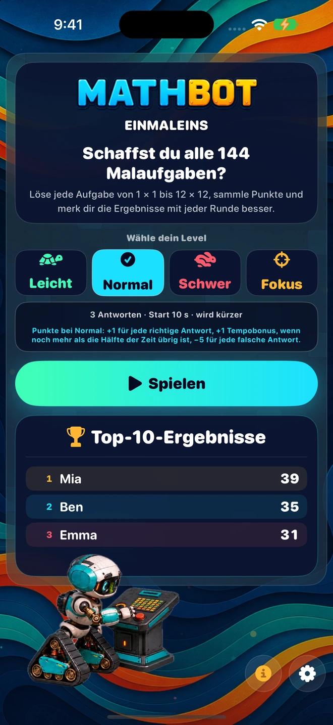Mathbot — Wähle dein Level: Leicht · Normal · Schwer · Fokus