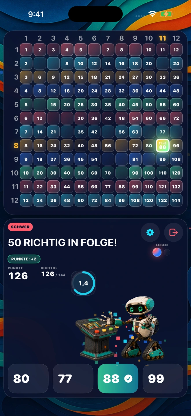 Eine richtige Antwort landet auf dem Spielfeld – mitten in einer Serie von 50 in Folge