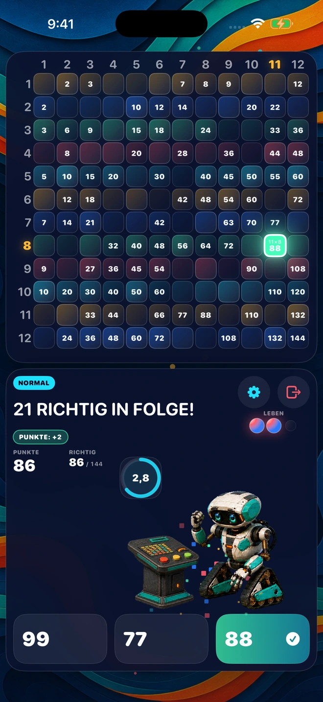 Eine richtige Antwort landet während einer Serie, und das Spielfeld leuchtet auf