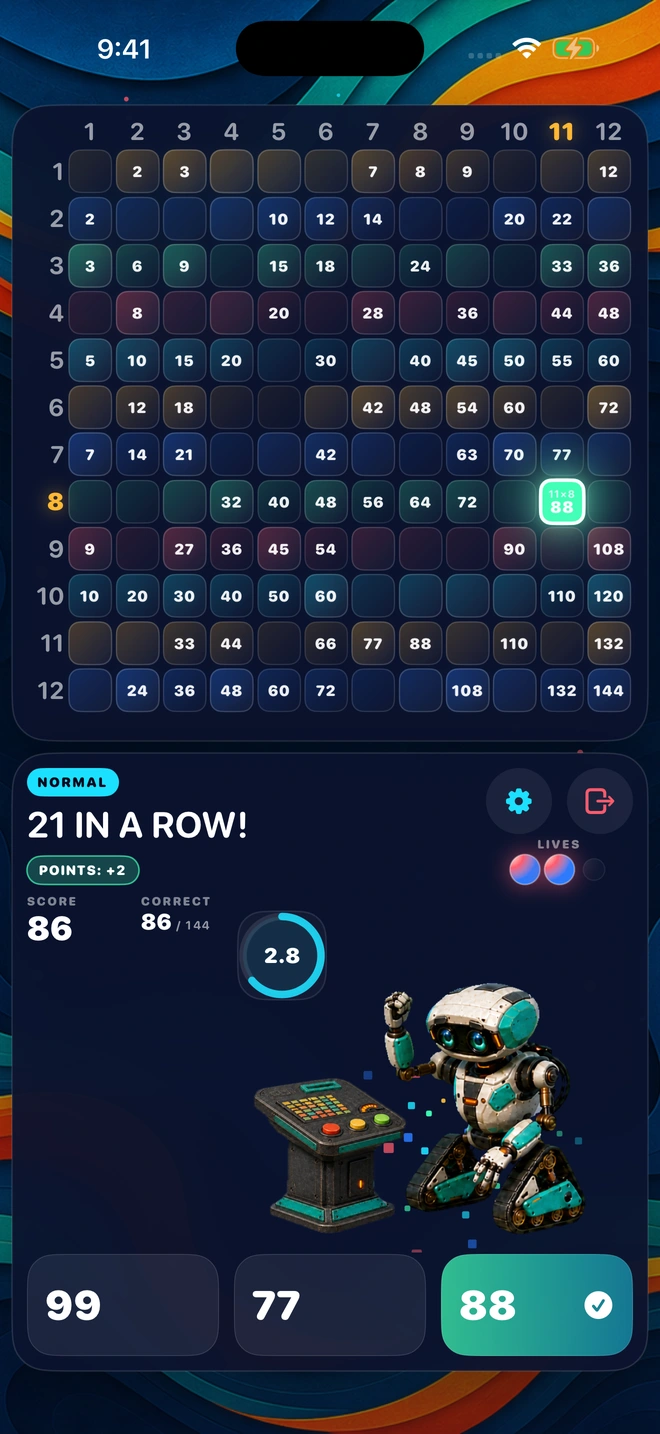 A correct answer landing during a streak, with the board lighting up