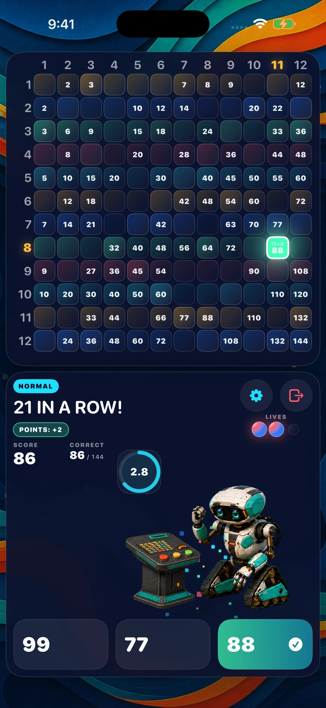 A correct answer landing during a streak, with the board lighting up