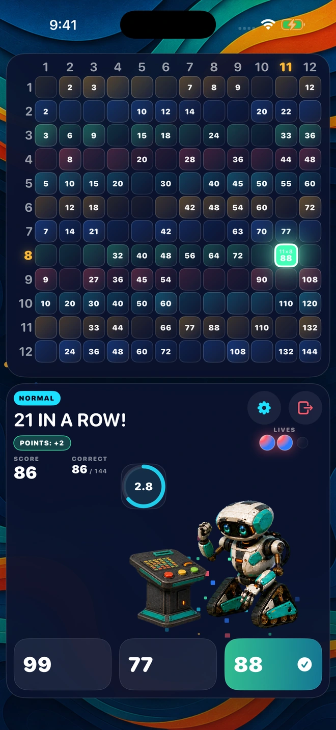 A correct answer landing during a streak, with the board lighting up