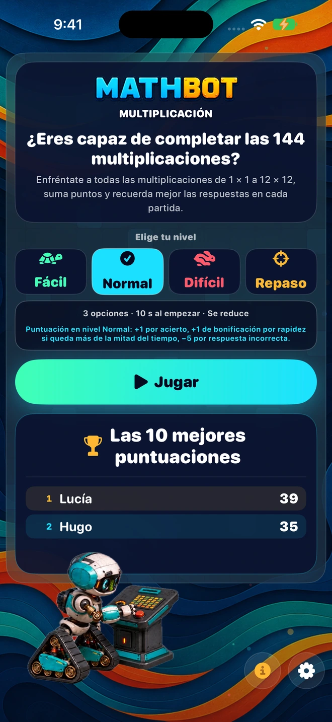 Mathbot — Elige tu nivel: Fácil · Normal · Difícil · Repaso