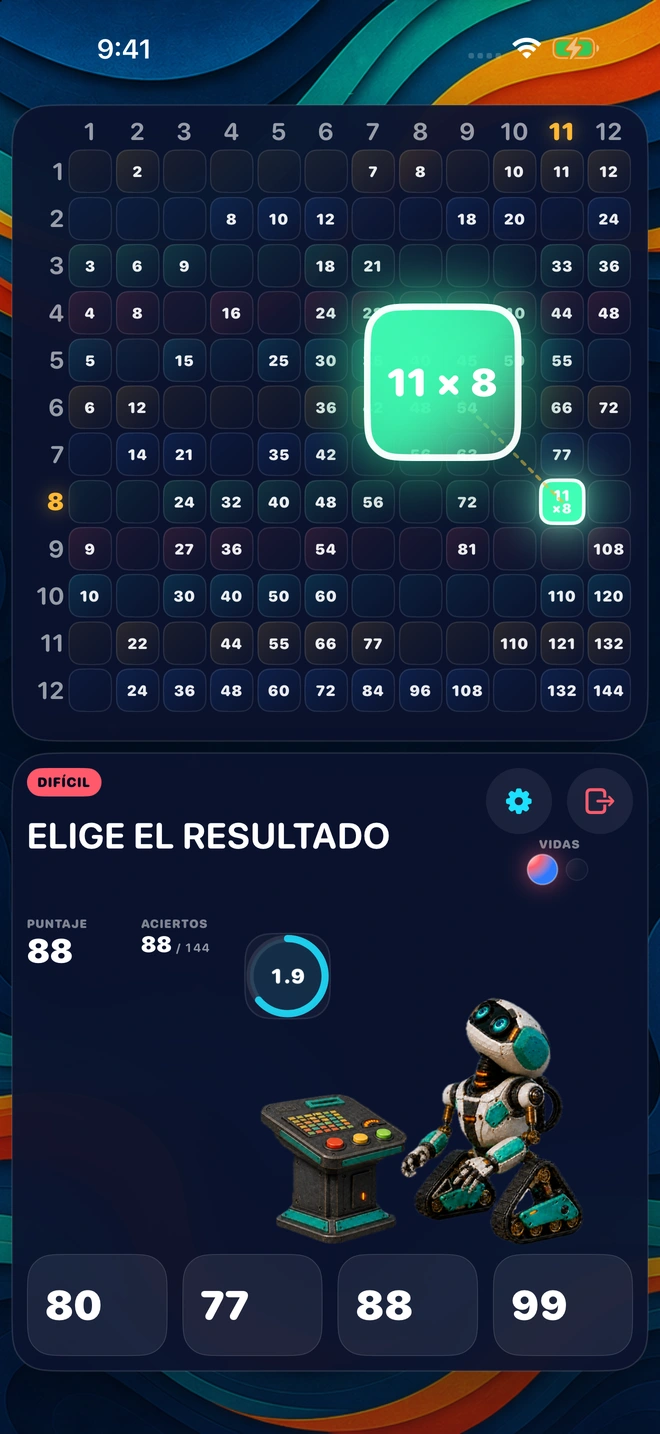 Una multiplicación se eleva del tablero, con cuatro respuestas para elegir y el reloj corriendo