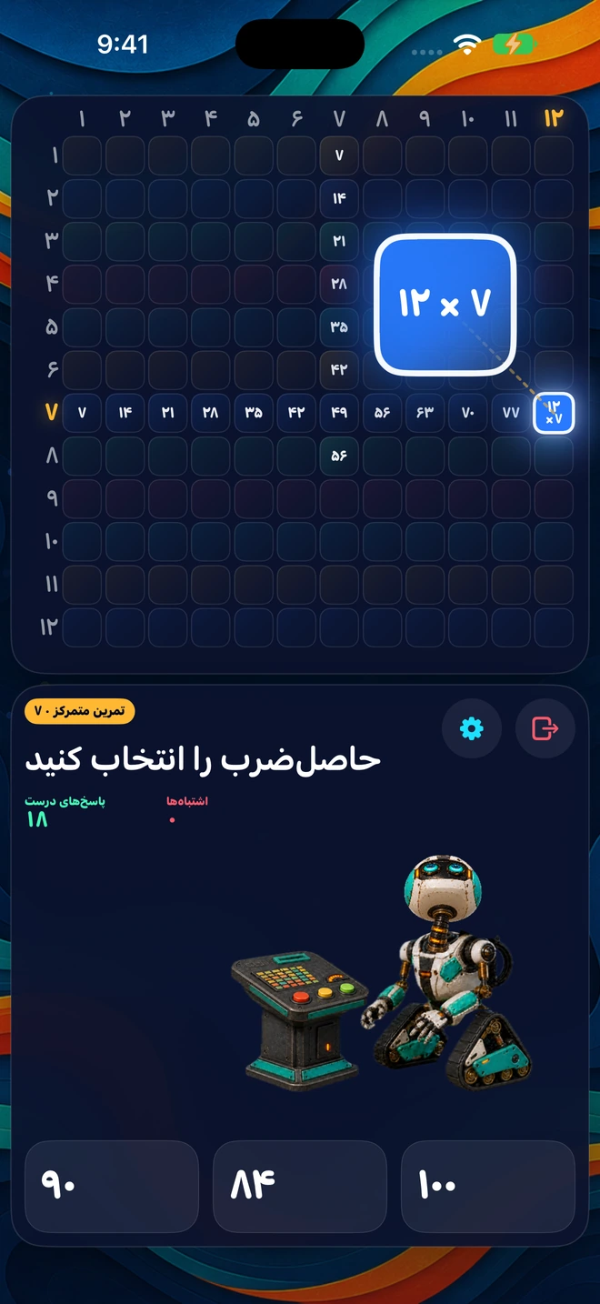 یک عدد از ۱–۱۲ انتخاب کنید. سطر و ستون آن را با ۲۳ سؤال تمرین کنید.
