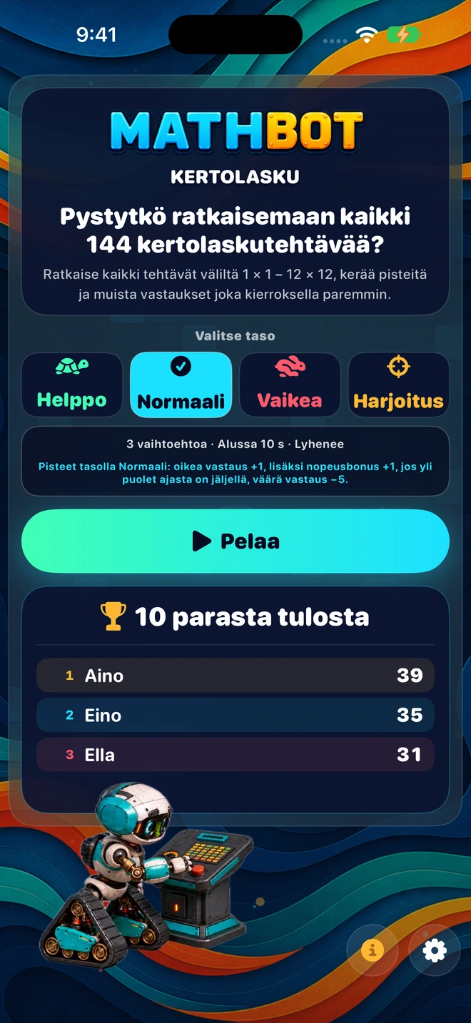 Mathbot — Valitse taso: Helppo · Normaali · Vaikea · Harjoitus