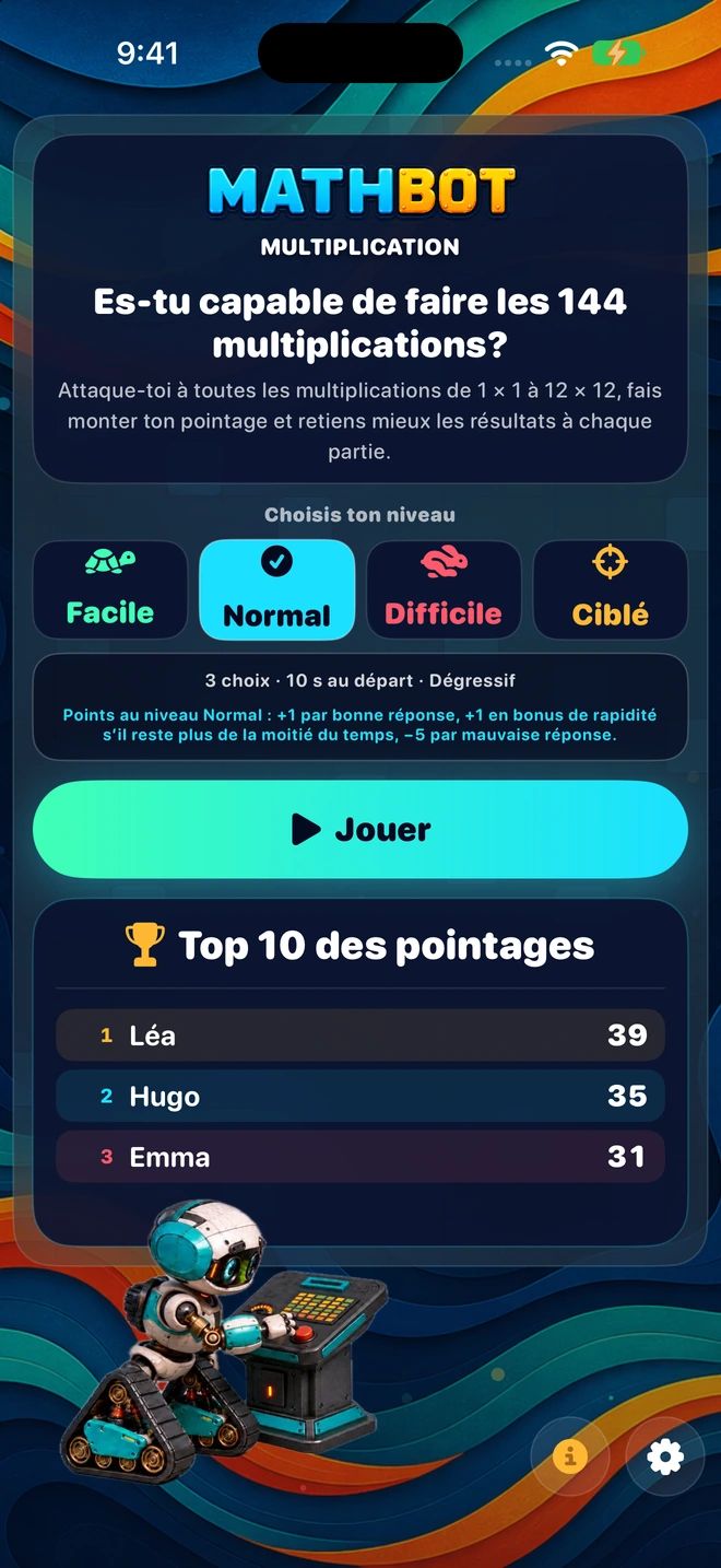 Mathbot — Choisis ton niveau: Facile · Normal · Difficile · Ciblé