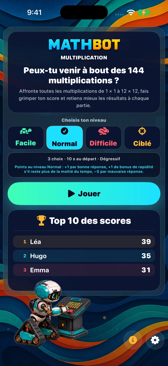Mathbot — Choisis ton niveau: Facile · Normal · Difficile · Ciblé