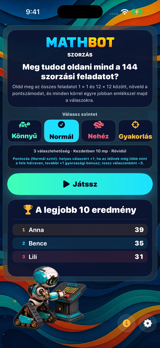 Mathbot — Válassz szintet: Könnyű · Normál · Nehéz · Gyakorlás