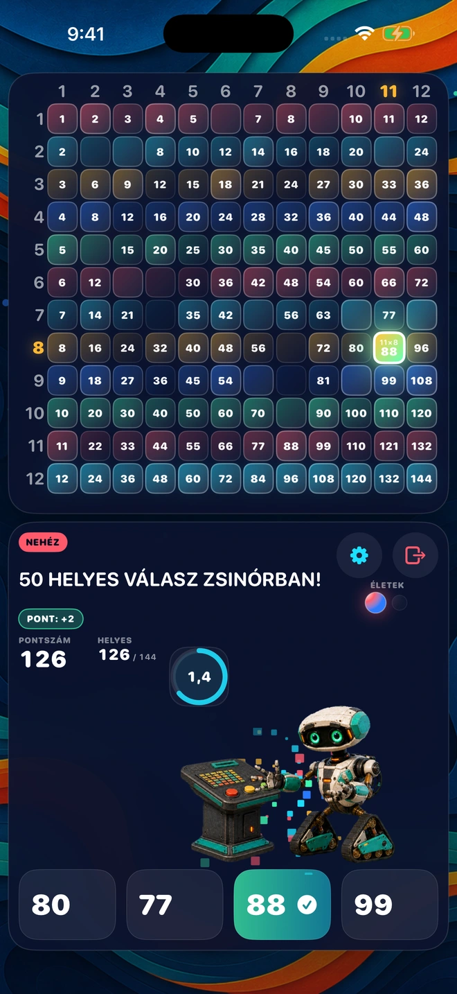 Egy helyes válasz a helyére kerül a táblán egy 50 helyes válaszból álló sorozat közben