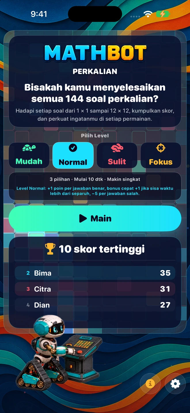 Mathbot — Pilih Level: Mudah · Normal · Sulit · Fokus