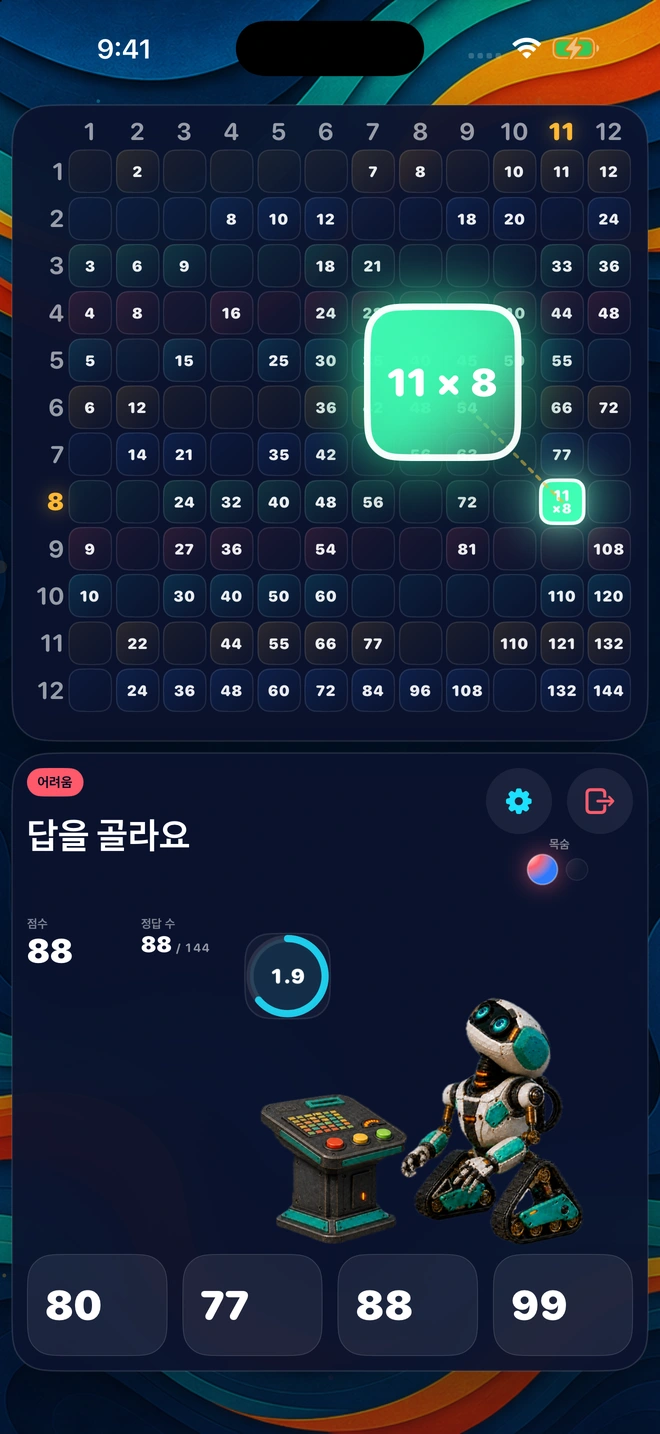 게임판에서 떠오른 문제와 고를 수 있는 보기 4개, 흘러가는 제한 시간