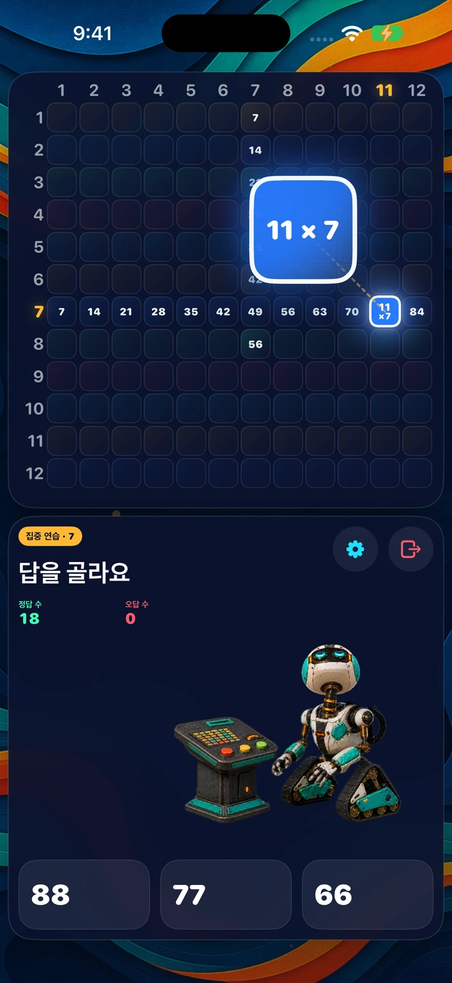1~12 중에서 숫자를 하나 골라요. 그 숫자의 가로줄과 세로줄을 23문제로 연습해요.
