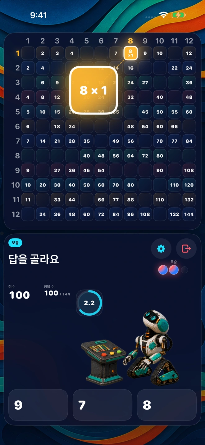 Buddy가 게임판을 지켜보는 가운데 자기 칸에서 떠오른 8 × 1