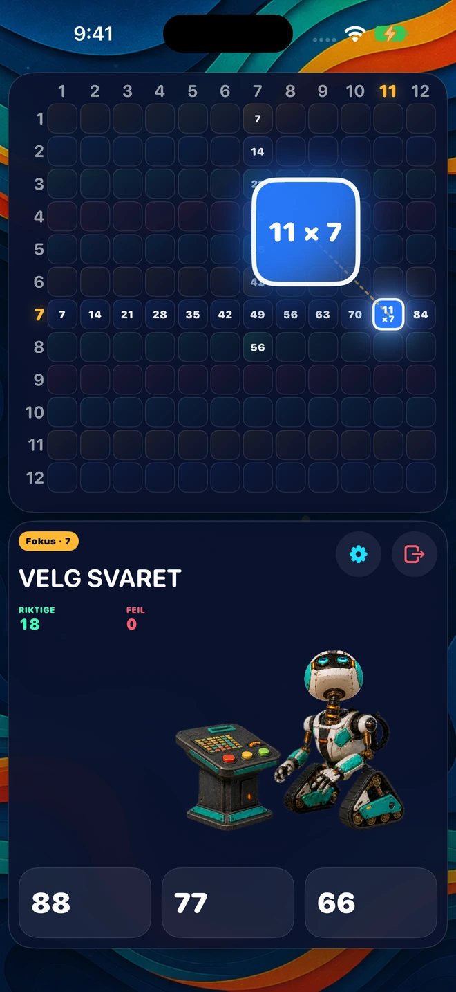 Velg et tall fra 1 til 12. Øv på tallets rad og kolonne med 23 spørsmål.