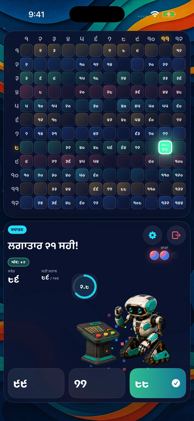 ਲਗਾਤਾਰ ਸਹੀ ਜਵਾਬਾਂ ਦੌਰਾਨ ਟਿਕਦਾ ਸਹੀ ਜਵਾਬ, ਅਤੇ ਜਗਮਗਾਉਂਦਾ ਬੋਰਡ