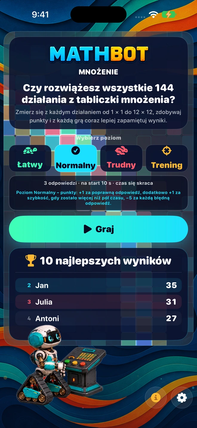 Mathbot — Wybierz poziom: Łatwy · Normalny · Trudny · Trening