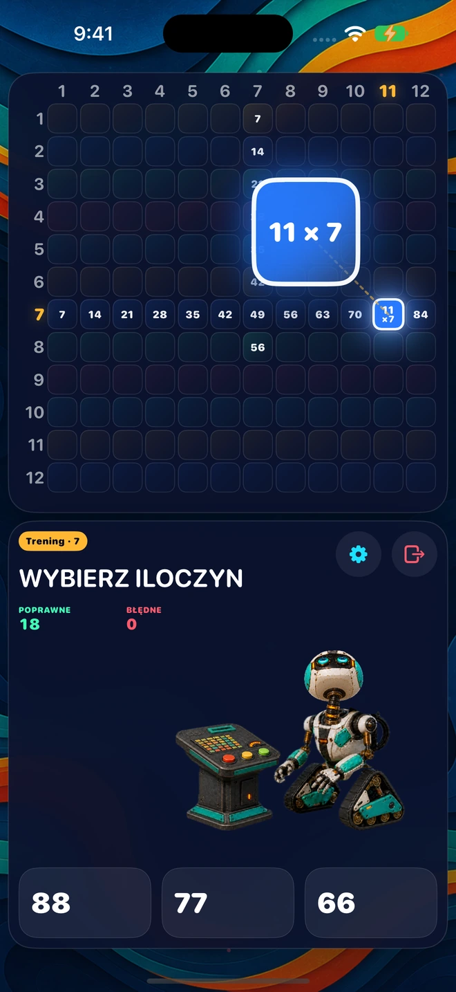 Wybierz liczbę od 1 do 12. Przećwicz jej wiersz i kolumnę w 23 pytaniach.