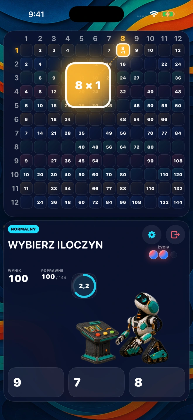 8 × 1 uniesione ze swojego pola, a Buddy obserwuje planszę