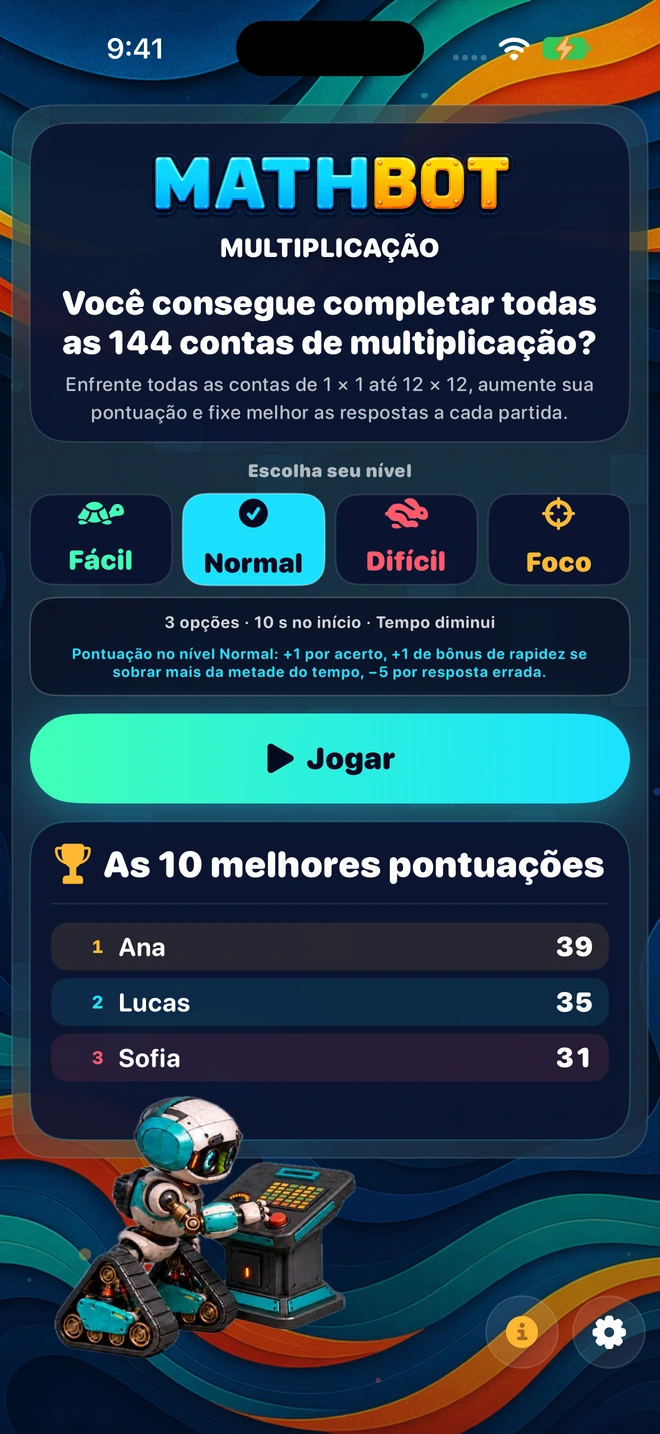 Mathbot — Escolha seu nível: Fácil · Normal · Difícil · Foco
