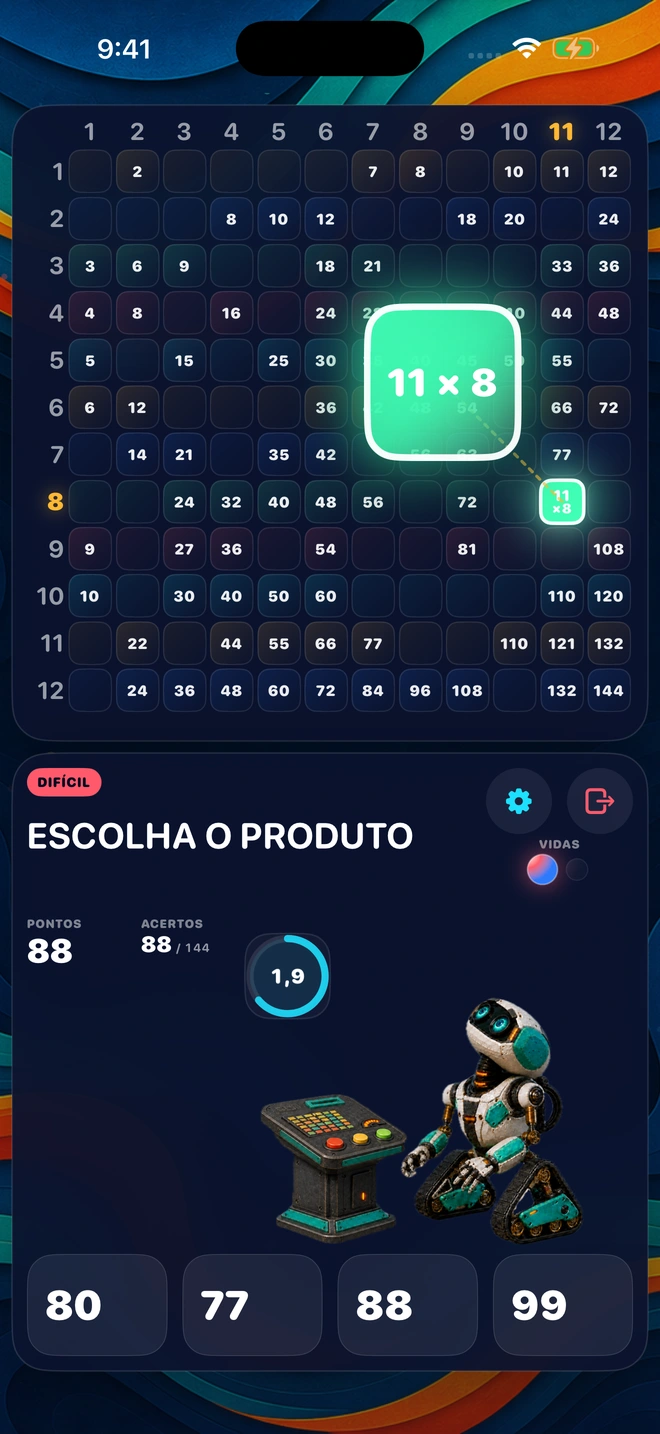 Uma conta saindo do tabuleiro, com quatro respostas para escolher e o tempo correndo