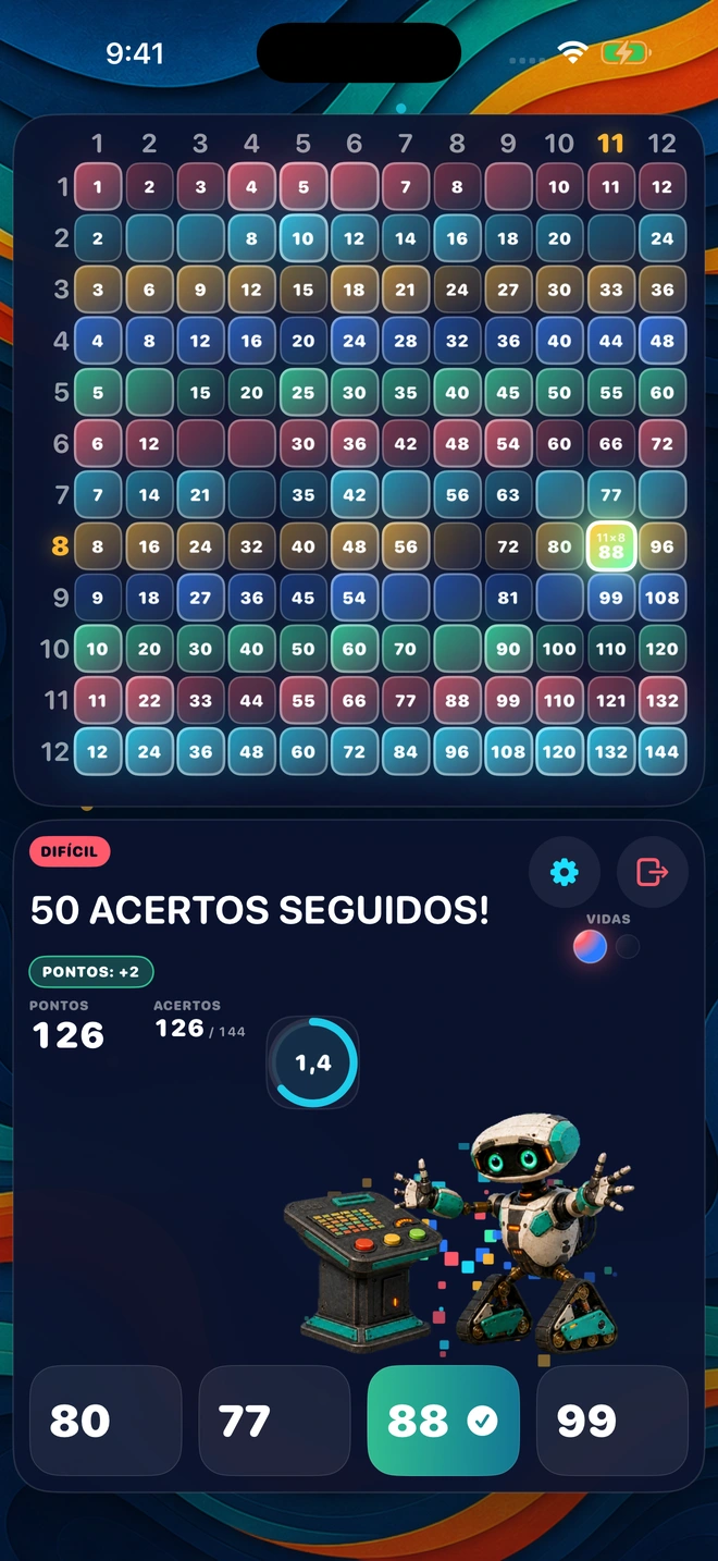 Uma resposta certa chegando ao tabuleiro durante uma sequência de 50 acertos seguidos