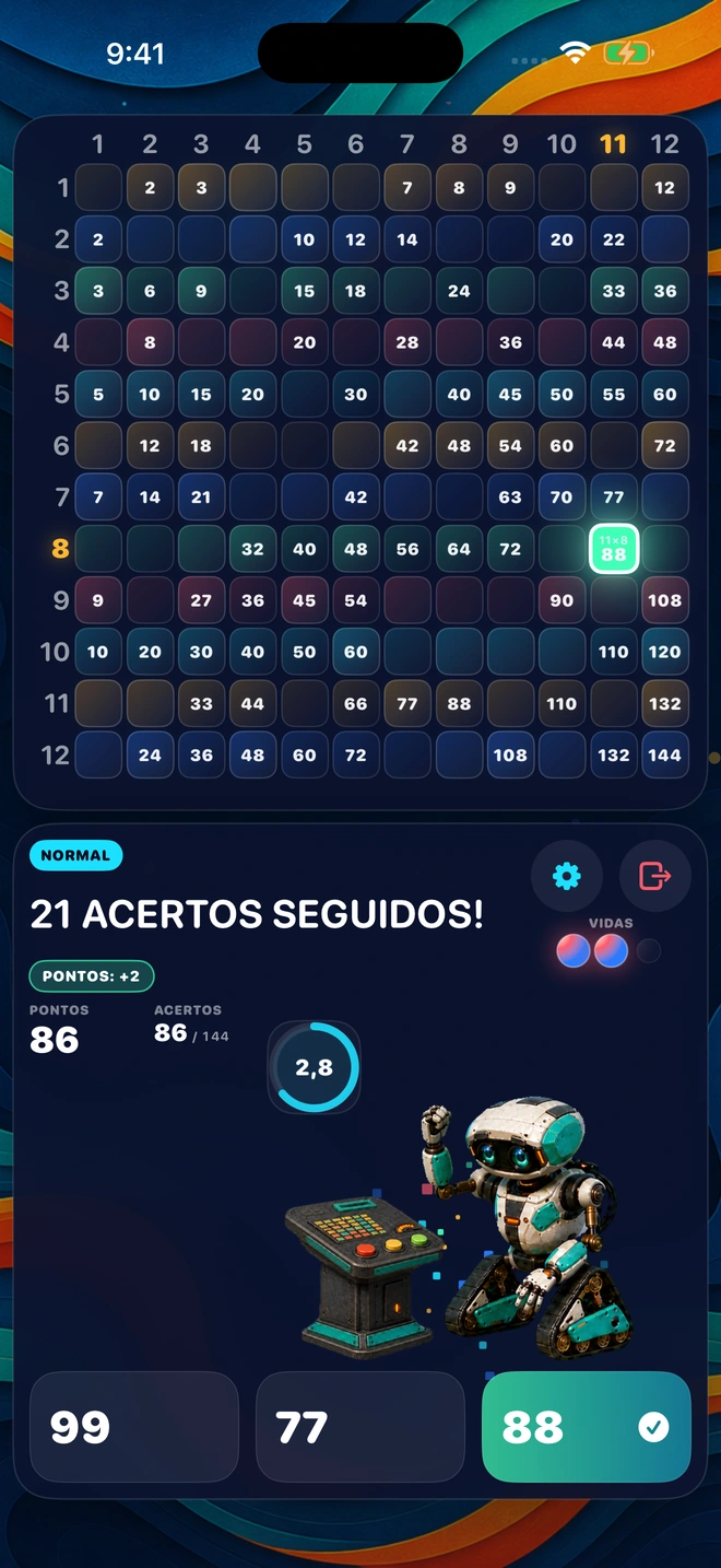 Uma resposta certa chegando durante uma sequência, com o tabuleiro se iluminando