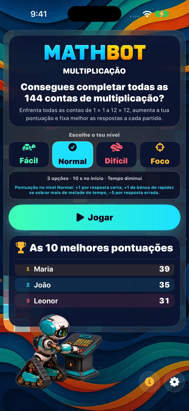 Mathbot — Escolhe o teu nível: Fácil · Normal · Difícil · Foco