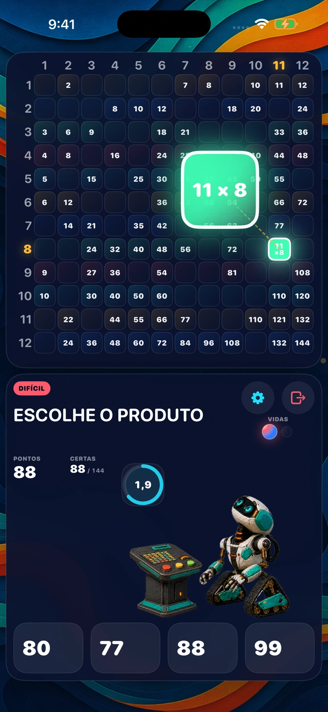 Uma conta a sair do tabuleiro, com quatro respostas à escolha e o tempo a contar