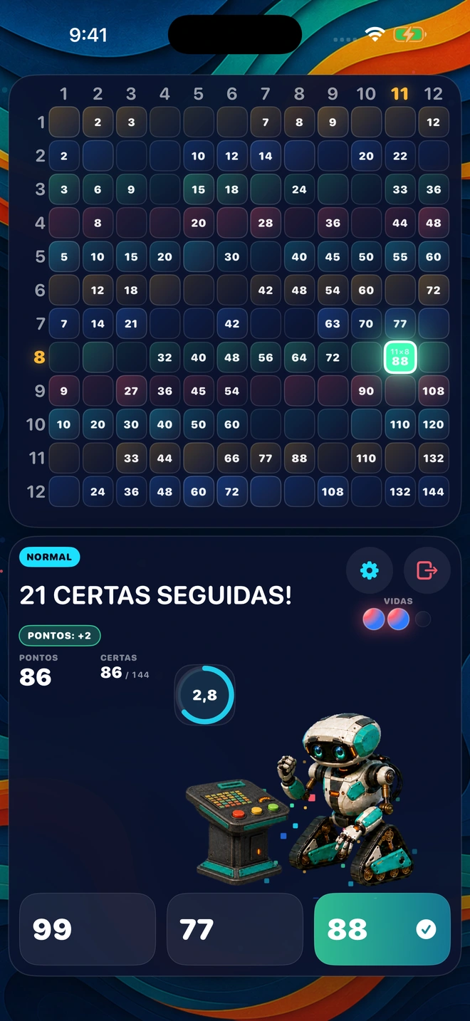 Uma resposta certa a chegar durante uma sequência, com o tabuleiro a iluminar-se