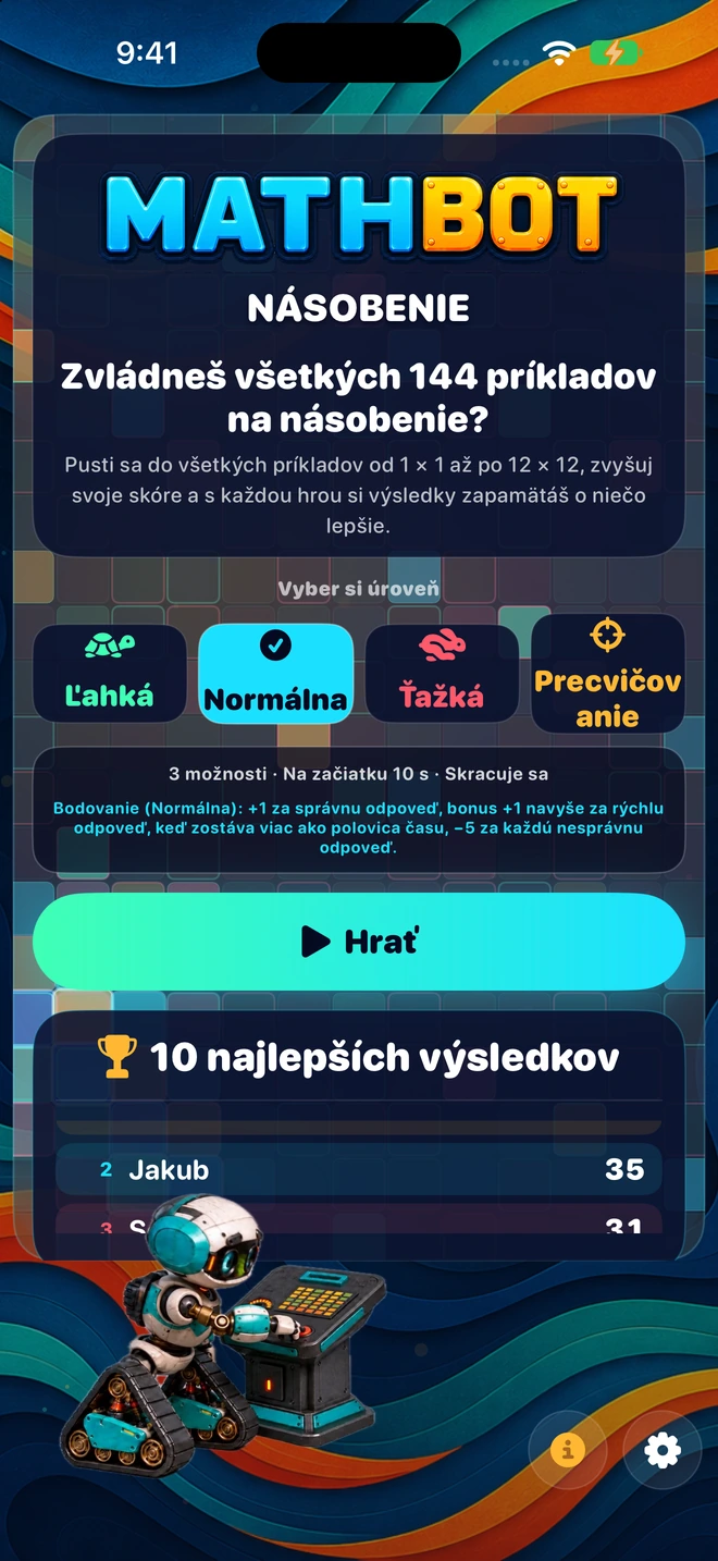 Mathbot — Vyber si úroveň: Ľahká · Normálna · Ťažká · Precvičovanie