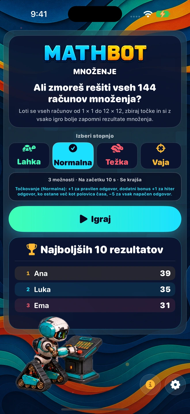 Mathbot — Izberi stopnjo: Lahka · Normalna · Težka · Vaja