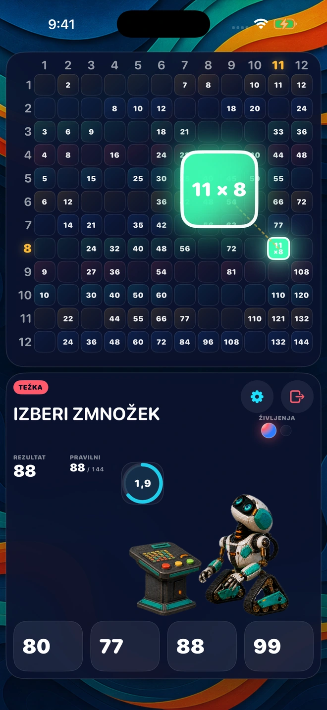 Račun se dviga s plošče, na izbiro so štirje odgovori, čas teče