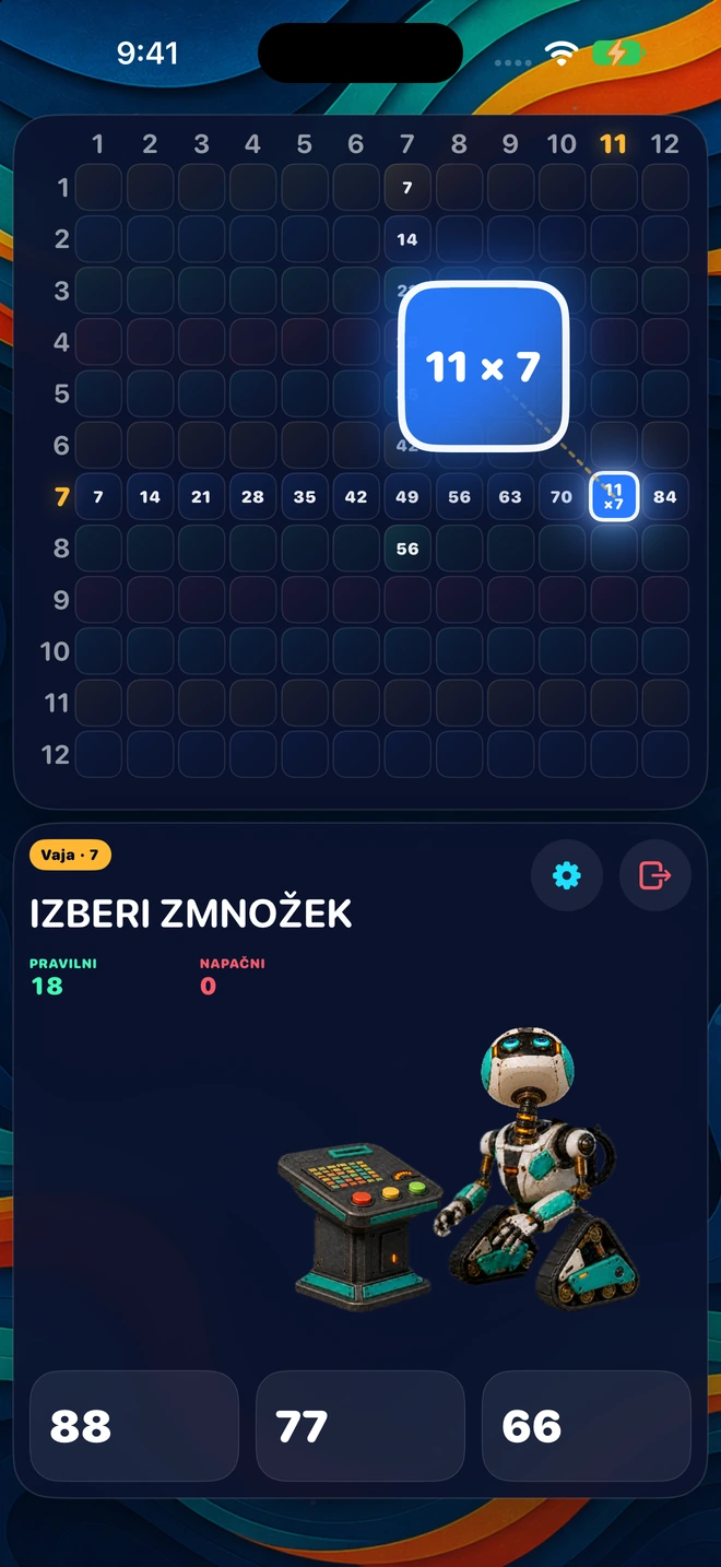 Izberi število od 1 do 12. Vadi njegovo vrstico in stolpec s 23 vprašanji.
