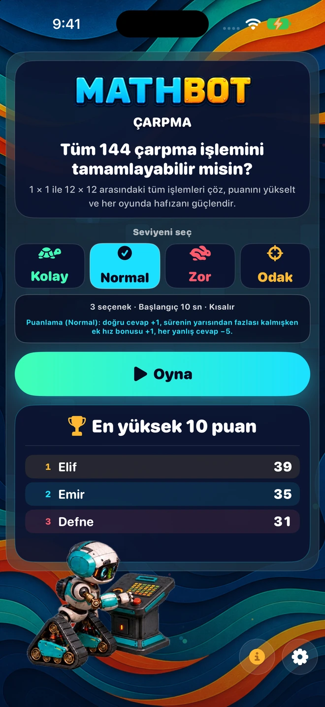 Mathbot — Seviyeni seç: Kolay · Normal · Zor · Odak