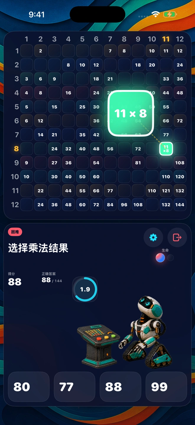 一道乘法题从答题板上升起,四个答案可供选择,计时器正在运行