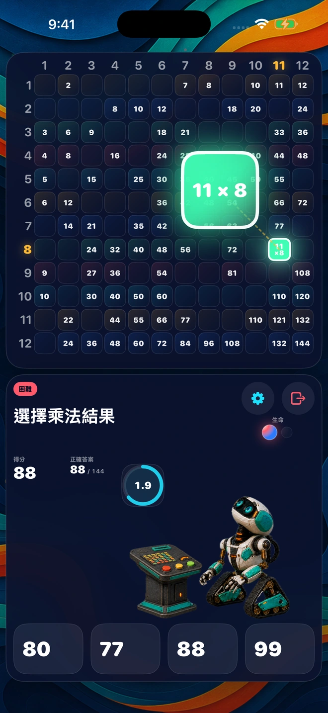 一道乘法題從答題板上升起,四個答案可供選擇,計時器正在計時
