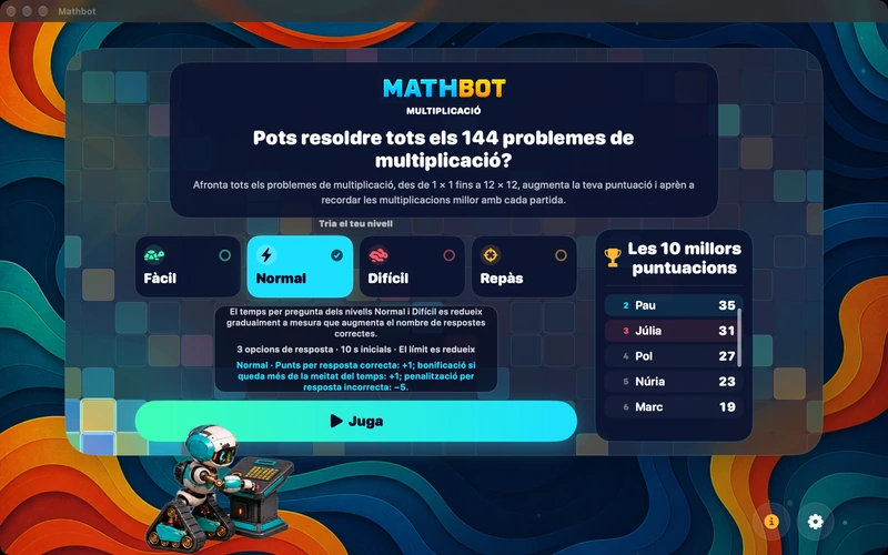 Mathbot — Tria el teu nivell: Fàcil · Normal · Difícil · Repàs