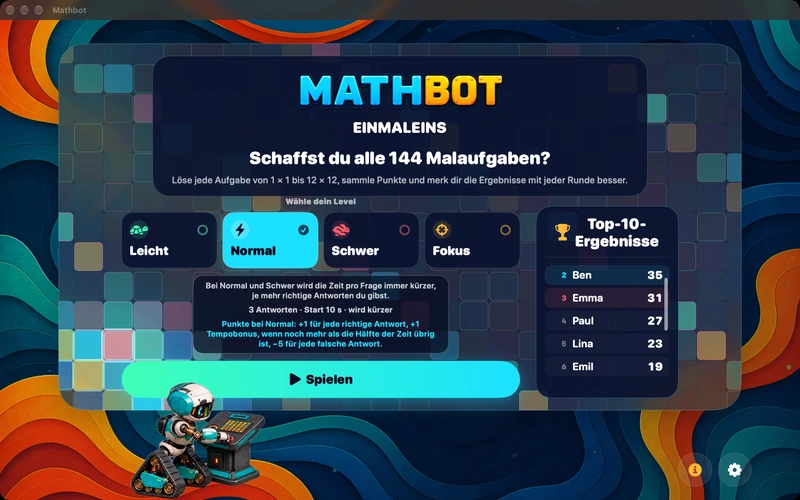 Mathbot — Wähle dein Level: Leicht · Normal · Schwer · Fokus