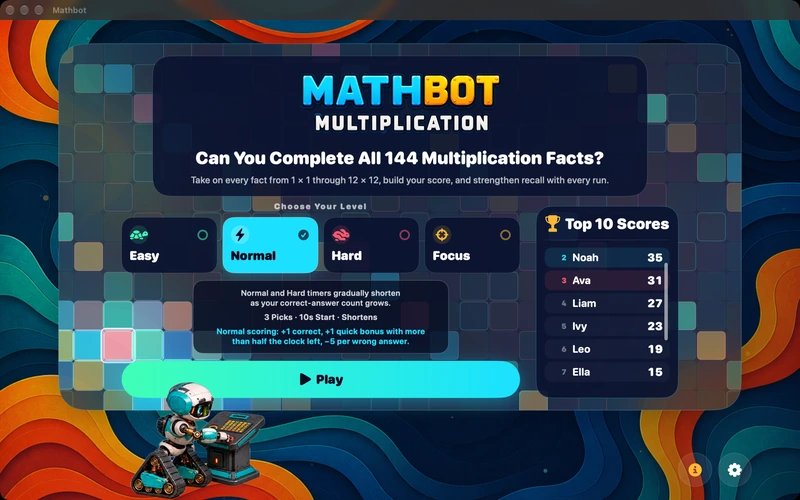 Mathbot — Choose Your Level: Easy · Normal · Hard · Focus
