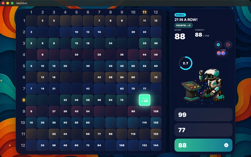A correct answer landing on 21 in a row, lighting up the Mac board