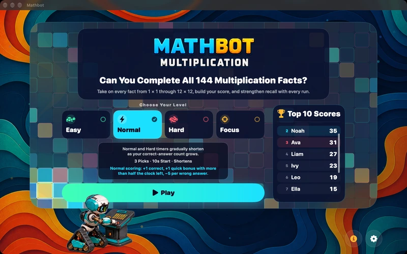Mathbot — Choose Your Level: Easy · Normal · Hard · Focus