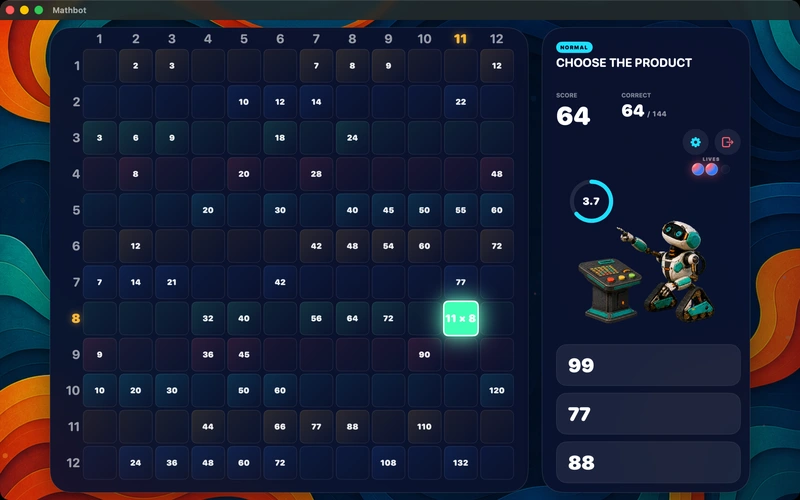A Mac run in progress: 11 × 8 lifted off the board with three answer choices beside it