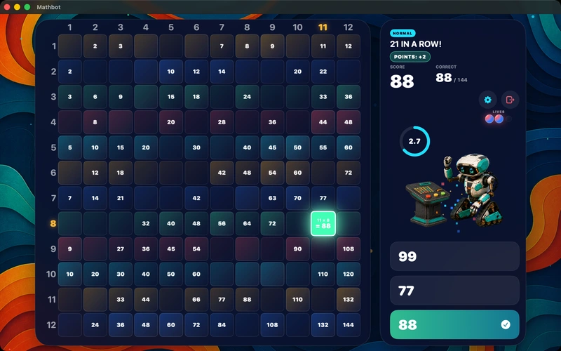 A correct answer landing on 21 in a row, lighting up the Mac board