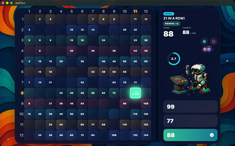 A correct answer landing on 21 in a row, lighting up the Mac board